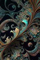 tourbillonnant magnifique fractalesque rococo motifs. collage contemporain impression avec Créatif futuriste vagues modèle avec violet et Jaune couleurs, texture. artistique photo