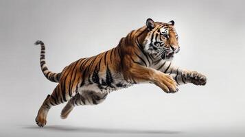 majestueux tigre dans saut. génératif ai photo