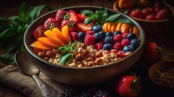 renforcement de l'immunité grain boules fermer délices, sain grain bol débordant avec ancien céréales, impulsions, et vibrant des fruits et des légumes génératif ai photo