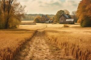 l'automne rural paysage avec blé champ sur le au sol et ferme sur le retour planifier. ai généré photo