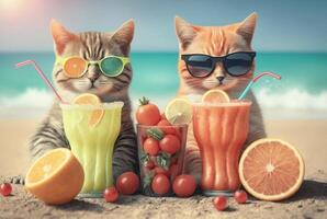 couple de chats portant des lunettes avec Frais jus et des fruits sur plage arrière-plan, été concept photo. génératif ai photo