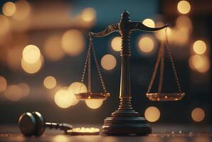 du juge marteau et Balance de Justice avec bokeh Contexte. judiciaire loi concept, génératif ai photo