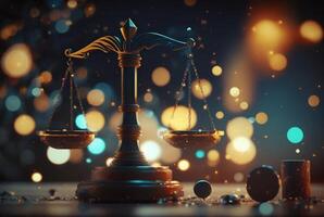 du juge marteau et Balance de Justice avec bokeh Contexte. judiciaire loi concept, génératif ai photo