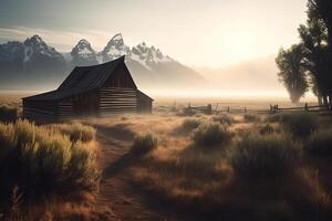 scène en bois Grange pastorale ranch Contexte doux environnement brouillard loin rocheux montagnes Pause Aube brillant pics Wyoming illustration buisson et serein. ai généré photo