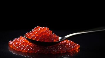 rouge caviar dans une cuillère. caviar dans bol plus de noir Contexte. fermer Saumon caviar. épicerie fine. gourmet aliments. texture de caviar. Fruit de mer isolé sur noir, génératif ai photo