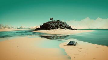 une mer tortue rampant sur le sablonneux plage avec une Montagne dans le Contexte. ai généré. photo