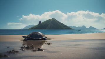 une mer tortue rampant sur le sablonneux plage avec une Montagne dans le Contexte. ai généré. photo