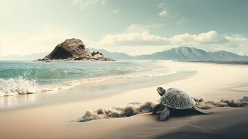 une mer tortue rampant sur le sablonneux plage avec une Montagne dans le Contexte. ai généré. photo