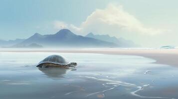 une mer tortue rampant sur le sablonneux plage avec une Montagne dans le Contexte. ai généré. photo