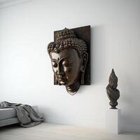 une blanc mur sculpture de une visage avec Gautama Bouddha tête comme mural pour Accueil décor etc. ai généré. photo