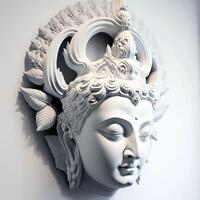 une blanc mur sculpture de une visage avec Gautama Bouddha tête comme mural pour Accueil décor etc. ai généré. photo