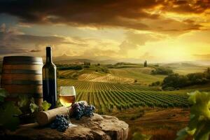 du vin table vignoble le coucher du soleil. produire ai photo