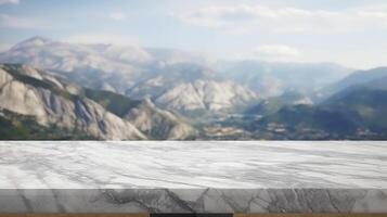 marbre surface table dessus de la table avec Montagne établissement pour chose spectacle apparaître. Créatif Ressource, ai généré photo