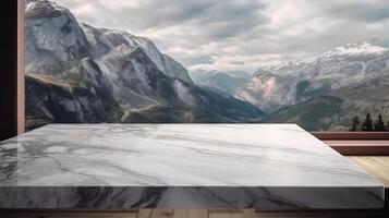 marbre surface table dessus de la table avec Montagne établissement pour chose spectacle apparaître. Créatif Ressource, ai généré photo