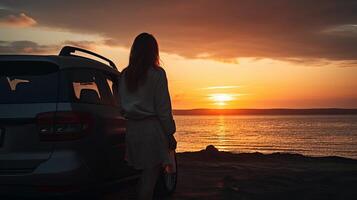 battement de jeunesse Dame voyageur avoir une charge en dehors de le le coucher du soleil à le océan dans apparaître haine vers de le réalité cette permanent un autre à le auto. Créatif Ressource, ai généré photo