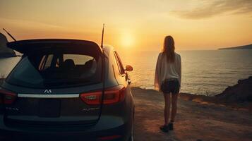 battement de jeunesse Dame voyageur avoir une charge en dehors de le le coucher du soleil à le océan dans apparaître détester vers de le réalité cette permanent un autre à le auto. Créatif Ressource, ai généré photo