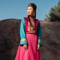 ai généré magnifique kazakh asiatique femme portrait dans nationale costume. femme avec bébé photo