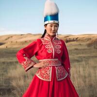 ai généré magnifique kazakh asiatique femme portrait dans nationale costume. femme avec bébé photo