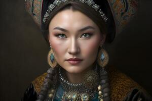 ai généré magnifique kazakh asiatique femme portrait dans nationale costume. femme avec bébé photo