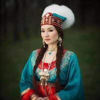 ai généré magnifique kazakh asiatique femme portrait dans nationale costume. femme avec bébé photo