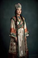 ai généré magnifique kazakh asiatique femme portrait dans nationale costume. femme avec bébé photo