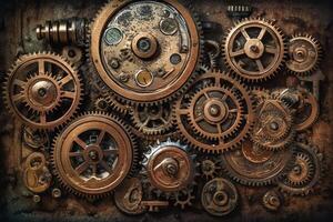 inspiré du steampunk équipement roues embarqué dans une mouvement d'horlogerie mécanisme ensemble contre un antique texturé Contexte. ai généré photo