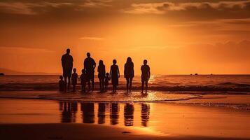 famille, le coucher du soleil et ouvert conversation presque graphique à littoral avec les enfants et gardiens ensemble à mer pour sécurité. Créatif Ressource, ai généré photo