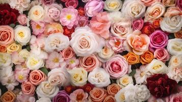 génératif ai, fleurs mur Contexte avec blanc et lumière rose Frais des roses, pastel et doux bouquet floral carte photo