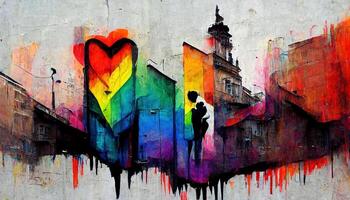 génératif ai, arc en ciel lgbt fierté drapeau couleurs comme graffiti sur le mur, rue art. encre coloré graffiti art sur une texturé papier ancien Contexte photo