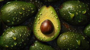 génératif ai, macro Frais juteux moitié et entier de vert Avocat fruit Contexte comme modèle. fermer photo avec gouttes de l'eau