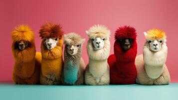 génératif ai, groupe de positif différent couleurs les lamas, marrant animaux. individualité, indépendance, pense différent, Créatif idée, la diversité et compris concept. photo