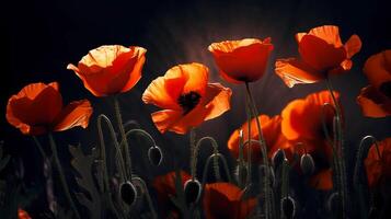 rouge coquelicots comme une symbole de Mémoire pour le déchue dans le guerre. ve-jour, monde guerre souvenir journée. génératif ai illustration photo