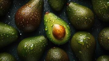 génératif ai, macro Frais juteux moitié et entier de vert Avocat fruit Contexte comme modèle. fermer photo avec gouttes de l'eau