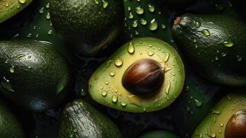 génératif ai, macro Frais juteux moitié et entier de vert Avocat fruit Contexte comme modèle. fermer photo avec gouttes de l'eau