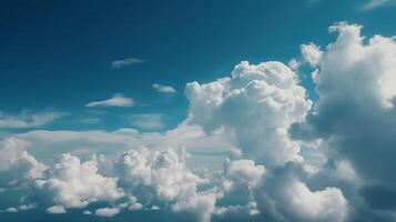 bleu ciel avec particulier des nuages. voir plus de le nuages.été bleu ciel nuage inclinaison lumière blanc fondation. ai généré photo