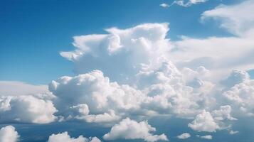 bleu ciel avec particulier des nuages. voir plus de le nuages.été bleu ciel nuage inclinaison lumière blanc fondation. ai généré photo