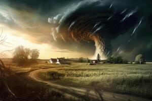 tornade fait rage par une champ. illustration ai génératif photo