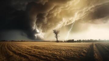 tornade fait rage par une champ. illustration ai génératif photo