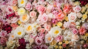 génératif ai, fleurs mur Contexte avec blanc et lumière rose Frais des roses, pastel et doux bouquet floral carte photo