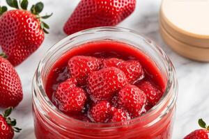 fraise confiture dans une verre pot avec Frais des fraises, fermer. en bonne santé nourriture concept. génératif ai photo