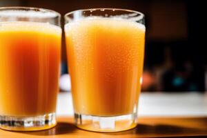 fraîchement pressé Orange jus dans une verre sur en bois tableau, fermer. en bonne santé nourriture concept. génératif ai photo