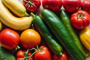 Frais des légumes sur en bois Contexte. en bonne santé nourriture concept. Haut voir. génératif ai photo