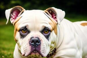 portrait de une magnifique chien race Anglais bouledogue. une magnifique américain bouledogue chien dans le parc. génératif ai photo