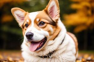 portrait de une mignonne cardigan gallois corgi chien permanent dans le parc. génératif ai photo