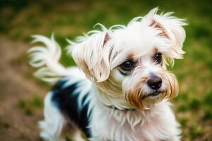 portrait de une mignonne Ouest montagnes blanc terrier chien permanent sur le route dans le parc. Yorkshire terrier. génératif ai photo