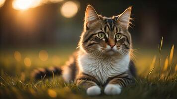 mignonne rayé chat sur une champ de herbe avec chatoyant le coucher du soleil lumière, ai généré photo