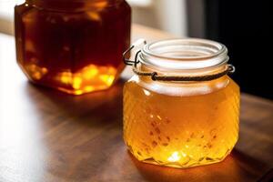 mon chéri dans une verre pot sur une en bois Contexte. sélectif se concentrer. en bonne santé nourriture concept. génératif ai photo