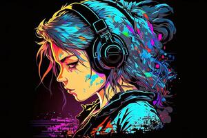 génératif ai un néon joueur anime mode fille ou femme portant écouteurs, perdu dans sa musique. abstrait Contexte cette évoque le sentiment de différent genres de musique. bannière la musique concept photo