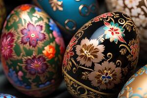 fermer de peint des œufs avec floral motifs, Pâques des œufs pour Pâques fête, génératif ai. printemps concept Pâques des œufs iridescent couleur, lustré et nacré. photo