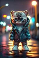 jouet mignonne chat dans vêtements veste et baskets sur rue Contexte avec néon éclairage, génératif ai photo